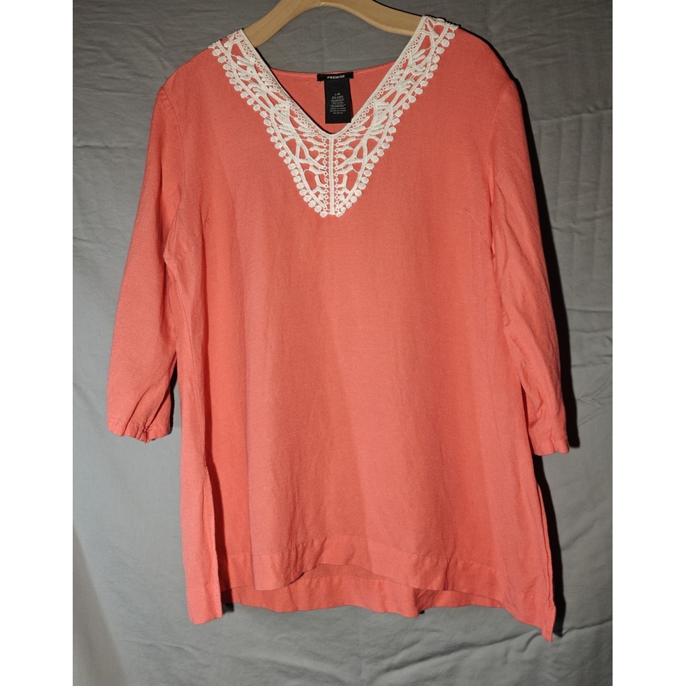 Premise Coral Embroidered Linen Blend 3/4 Sleeve Pullover Top Shirt LARGE